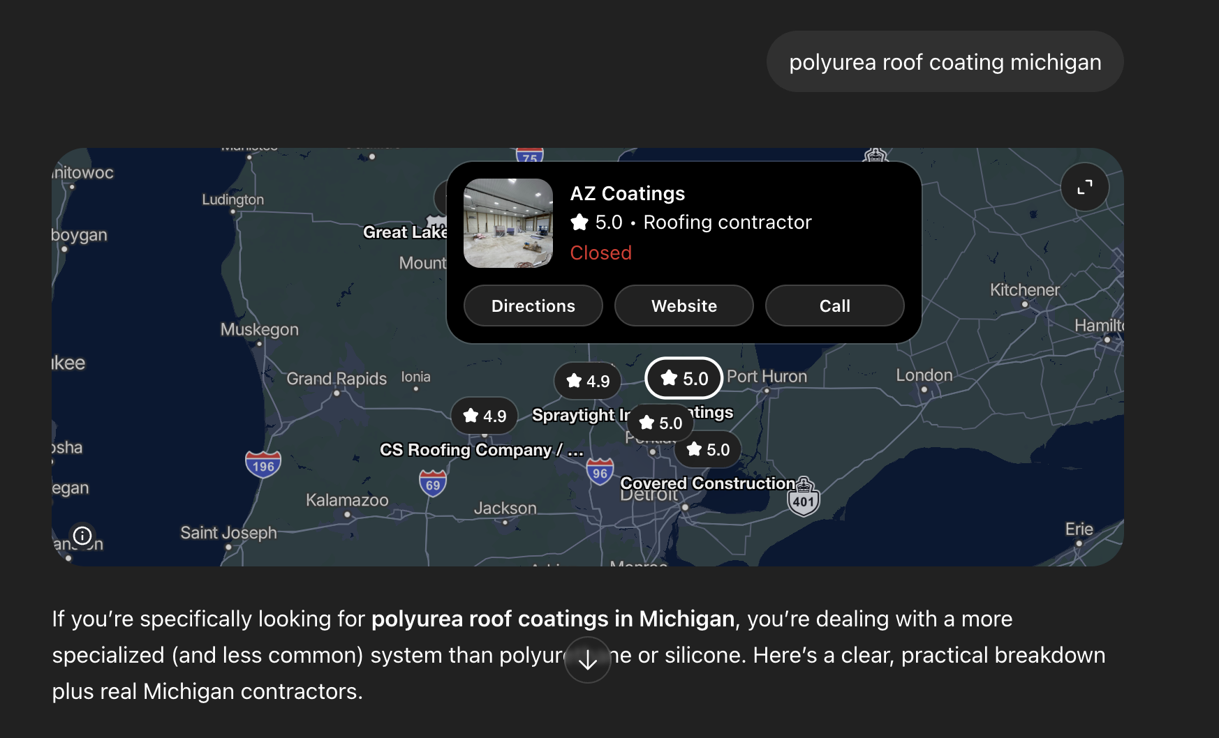 ChatGPT map result for a polyurea roof coatings query, showing AZ Coatings highlighted with a 5.0 rating among Michigan roofing contractors.