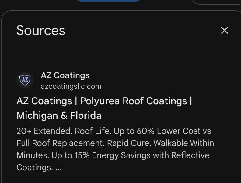 ChatGPT Sources panel listing AZ Coatings at azcoatingsllc.com as a cited source, with the new meta description visible as the snippet.