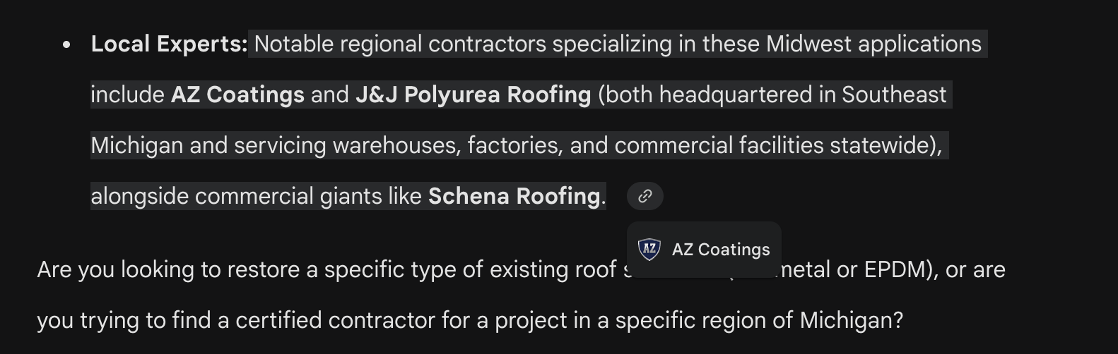 Gemini answer body naming AZ Coatings inline as a notable regional polyurea contractor, with the AZ Coatings logo tooltip visible on the linked citation.