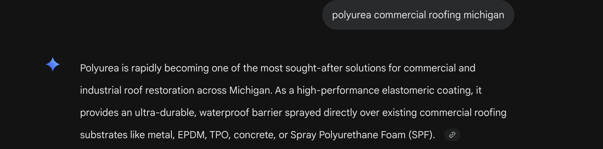 Gemini answer for a polyurea commercial roofing query, describing polyurea as a high-performance elastomeric coating sprayed over existing roofing substrates.